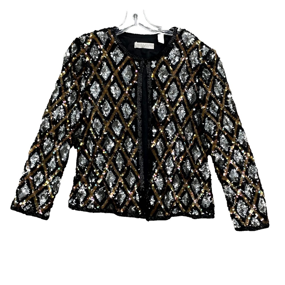 VTG Valerie Stevens Evening Jacket Womens 12 Diamond Sequin Beaded Embellished